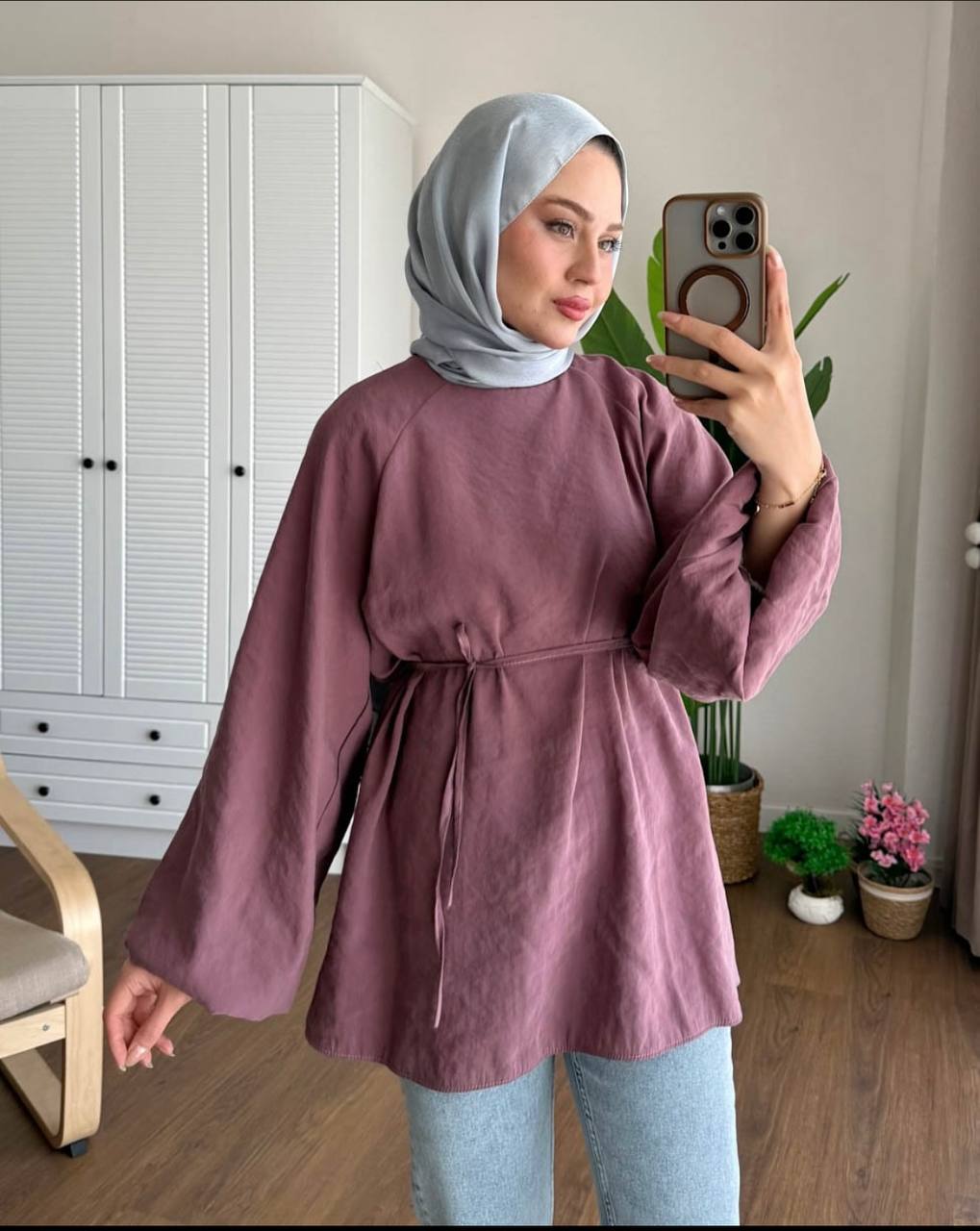 Elegante Tunika-Bluse mit Taillenband in Altrosa