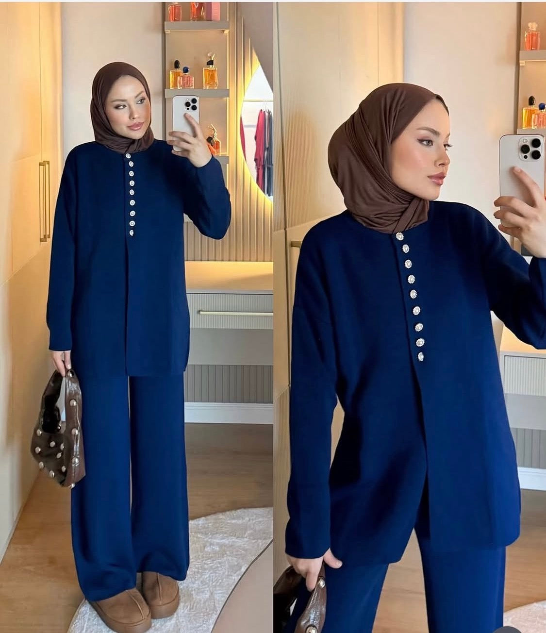 Strick-Set mit Perlenknöpfen in Marineblau