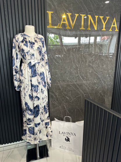 Romantic Maxi Dress with Floral Accents in Cream-Blue