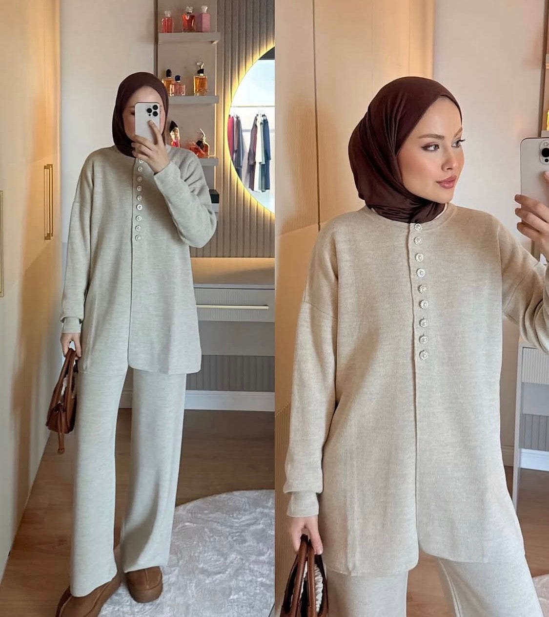 Strick-Set mit Perlenknöpfen in Beige