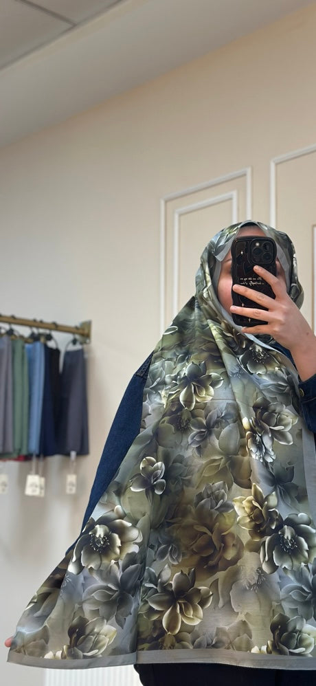 Flower Cotton Soft Scarf in Khaki